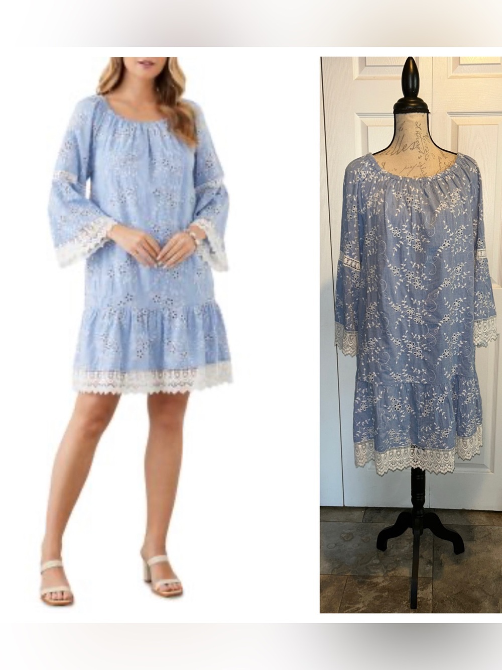 Karen Kane Cotton Embroidered Eyelet Lace Trim Dress Blue sz Large